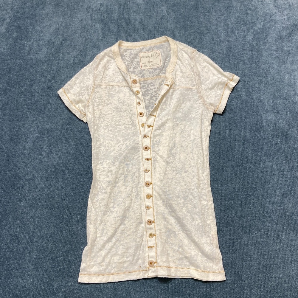 We The Free Top Womens Medium Beige Cotton Burnout Button Cap Sleeve Summer